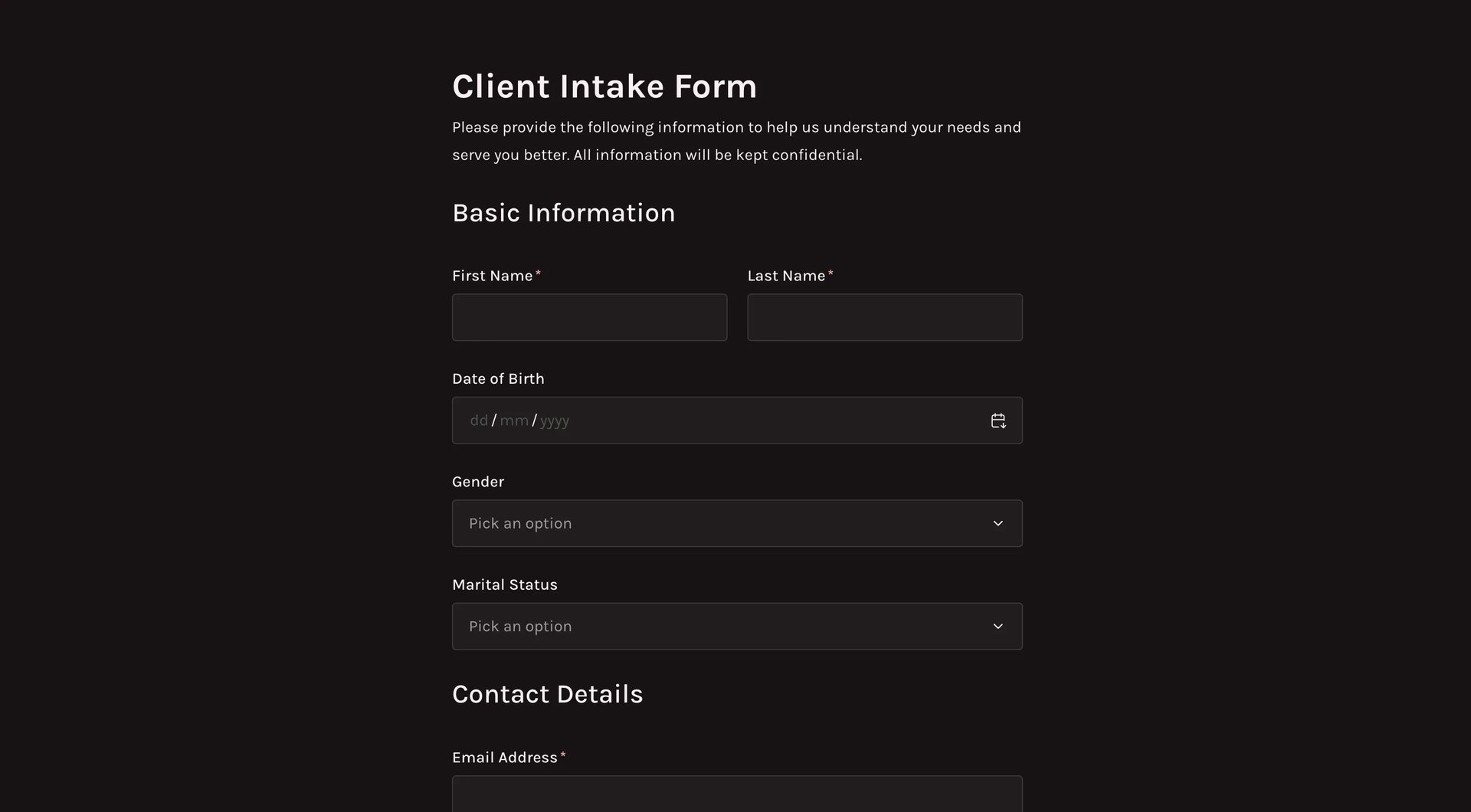Client intake form template