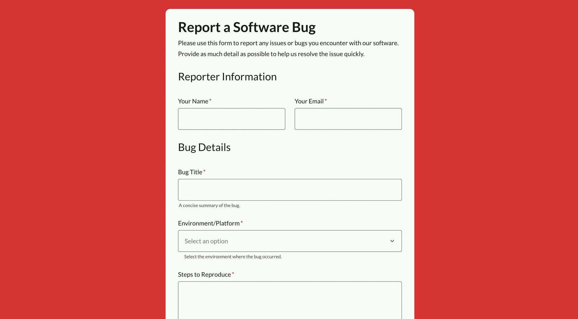 Bug report form template