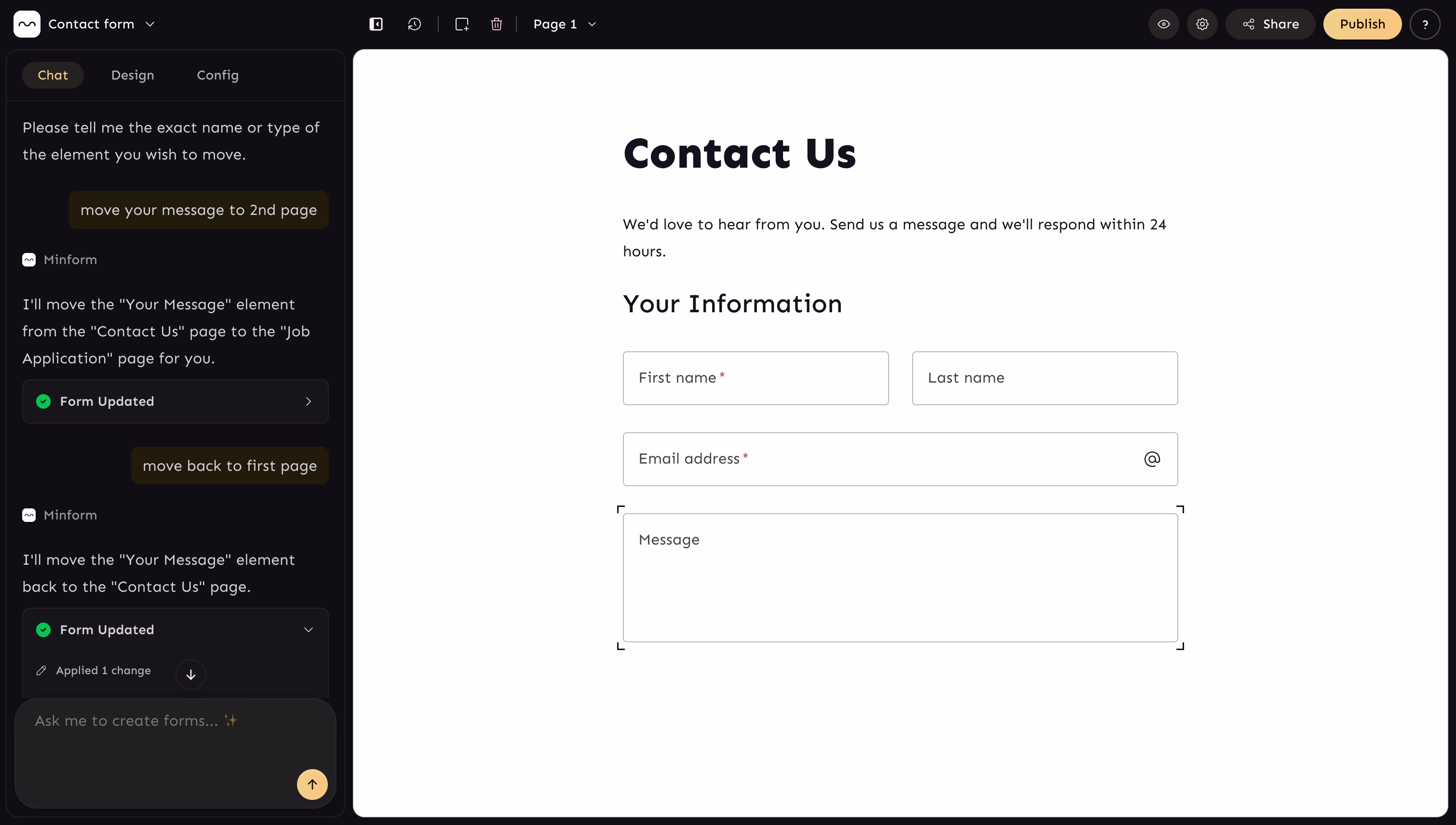AI form builder chat interface with form editor